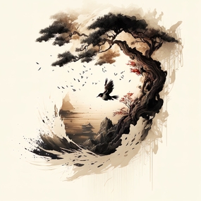 中国风意境泼墨工笔画摄影图片